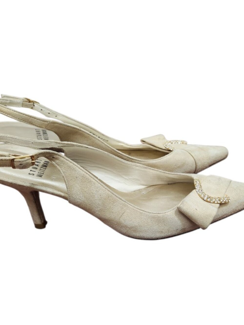 Stuart Weitzman Slingback Heels Beige Suede Rhinestone Buckle Pointed Toe US 8 M - Picture 4 of 11